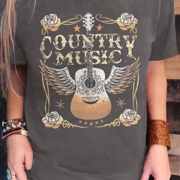Tops - B037 Gray “Country Music” Guitar Graphic Print Creo Neck T Shirt